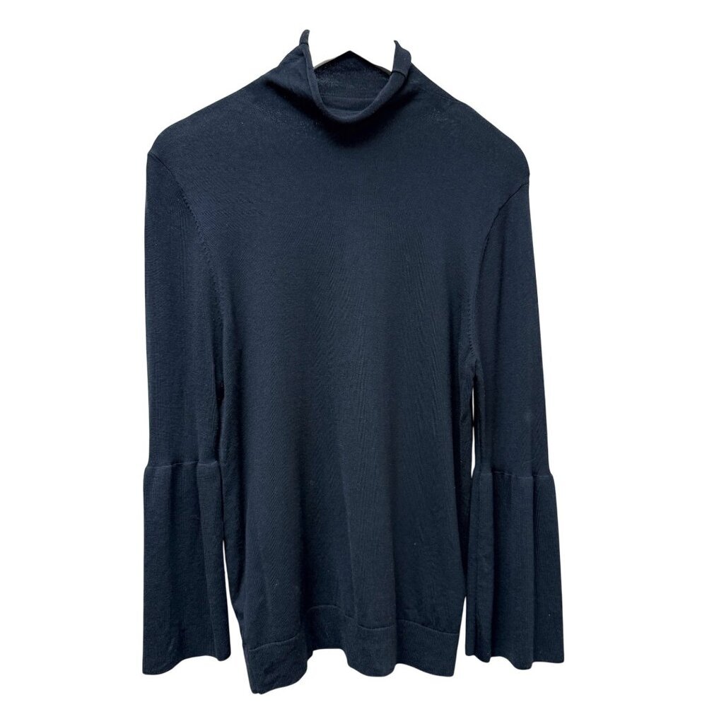 ANN TAYLOR Wool Blend Turtleneck Sweater M/L Black Flared Sleeves Mockneck